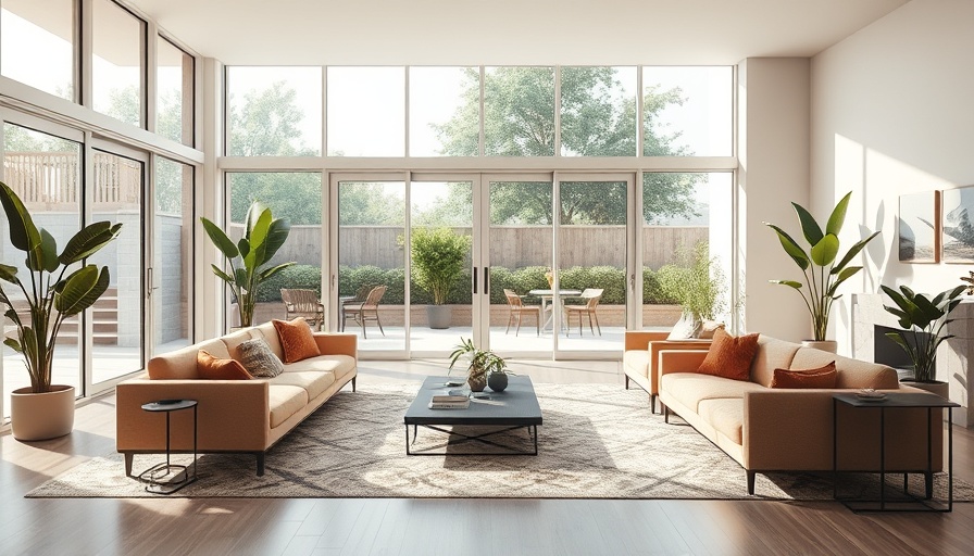 Bright living room with large windows showcasing energy-saving design.