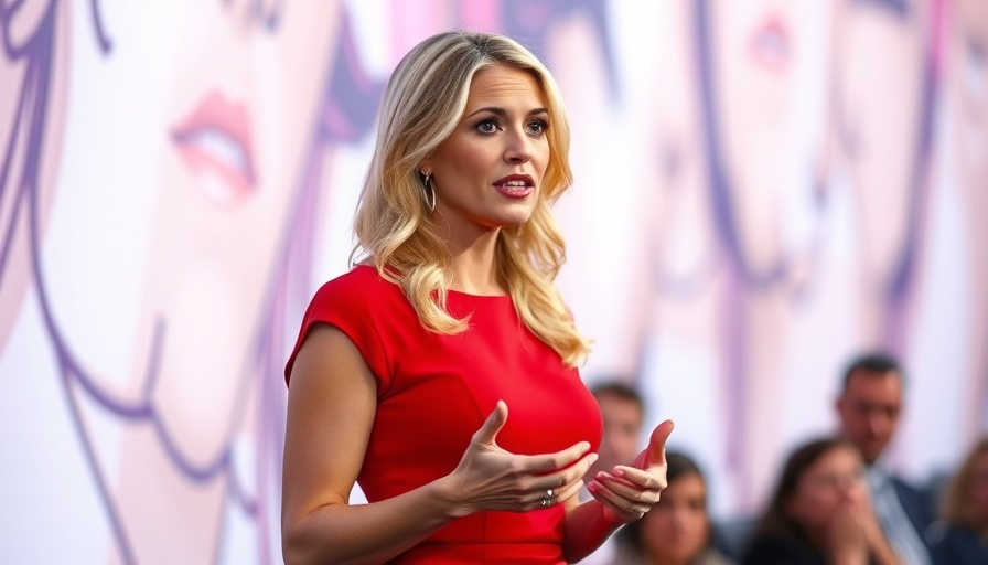 Blonde woman speaks confidently at event in red dress.