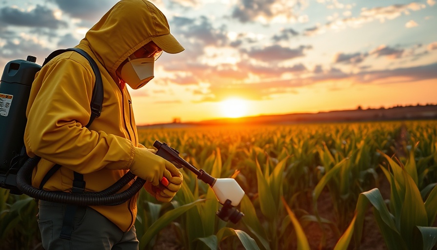 Person in protective gear spraying chemicals in cornfield at sunset highlighting Diquat health risks.