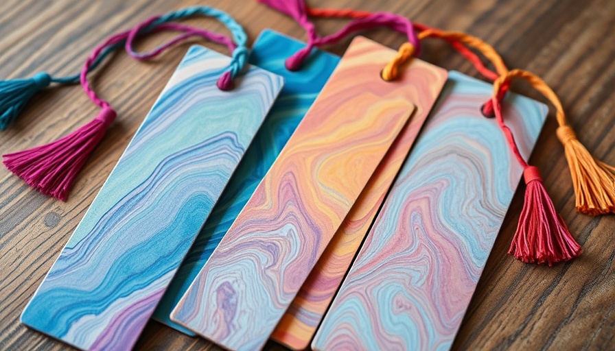 Colorful marbled DIY bookmarks with tassels on wood.