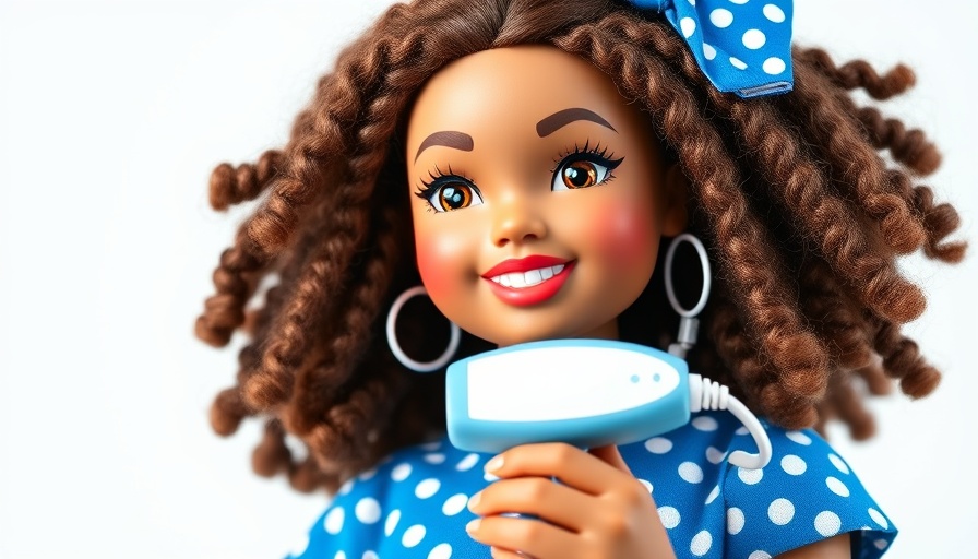Barbie doll wearing blue polka dot dress with diabetes monitor, smiling.