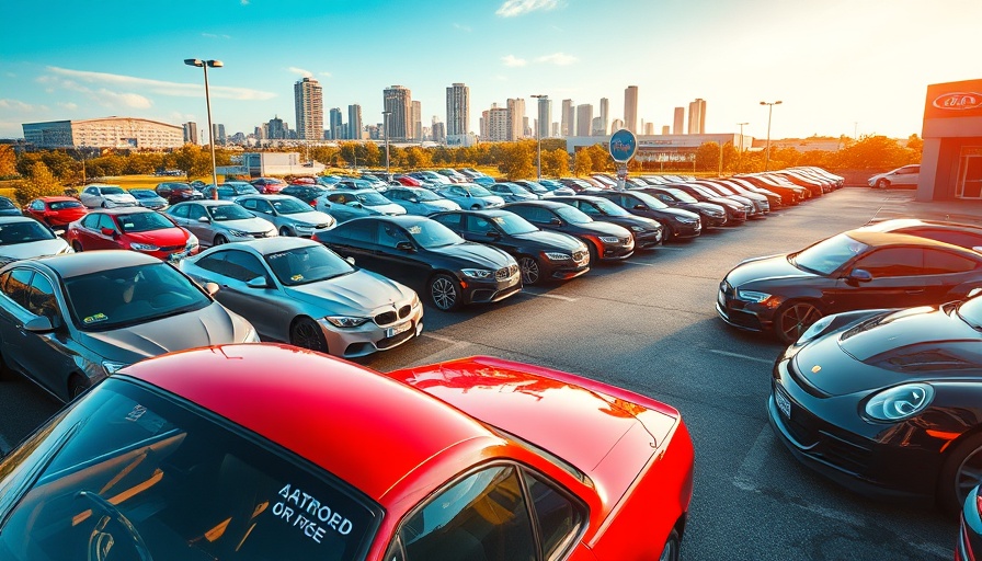 Car dealership parking lot featuring a red sports car with stickers.