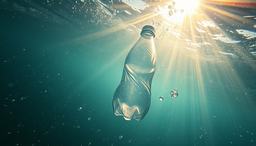 Nanoplastics ocean pollution: plastic bottle and molecular view underwater.