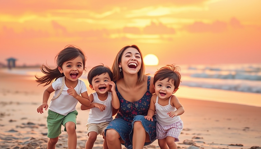 Joyful family moment at sunset beach, embracing 'Glimmers in Everyday Life.'