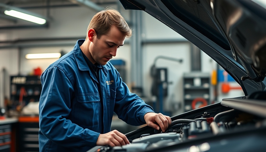 Mechanic working on car engine for automotive maintenance.