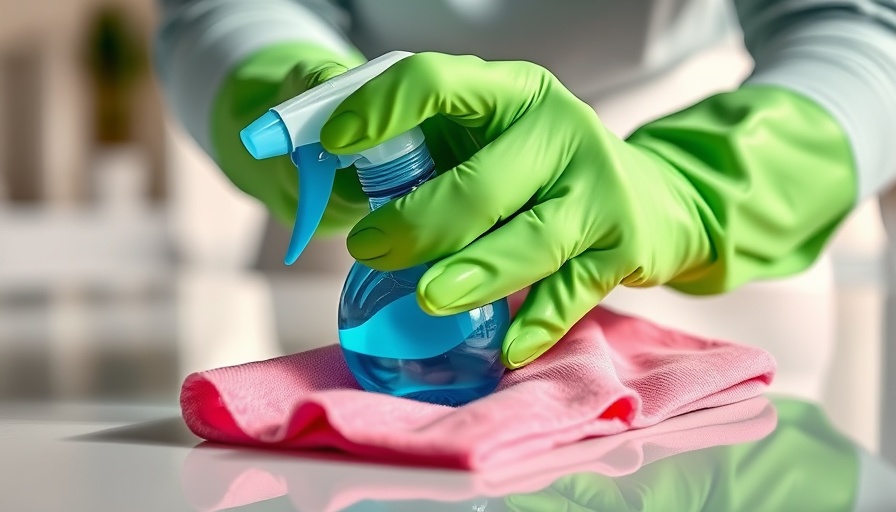 Home cleaning scene with gloves, cloth, and spray bottle.