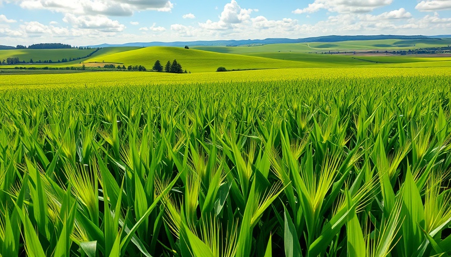 Thriving crop field and hills under bright sky.