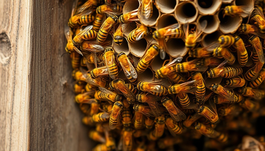 Close-up of yellow jacket nest with wasps, addressing how to get rid of yellow jackets.