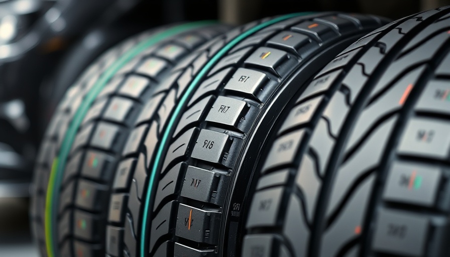 Colored lines on tires in an automotive showroom representing specifications.