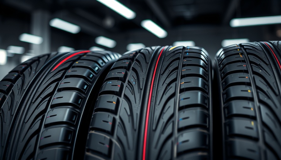 New tires with colored lines in a showroom.
