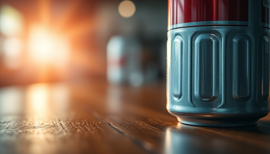 Close-up of soda can with condensation on wooden table.