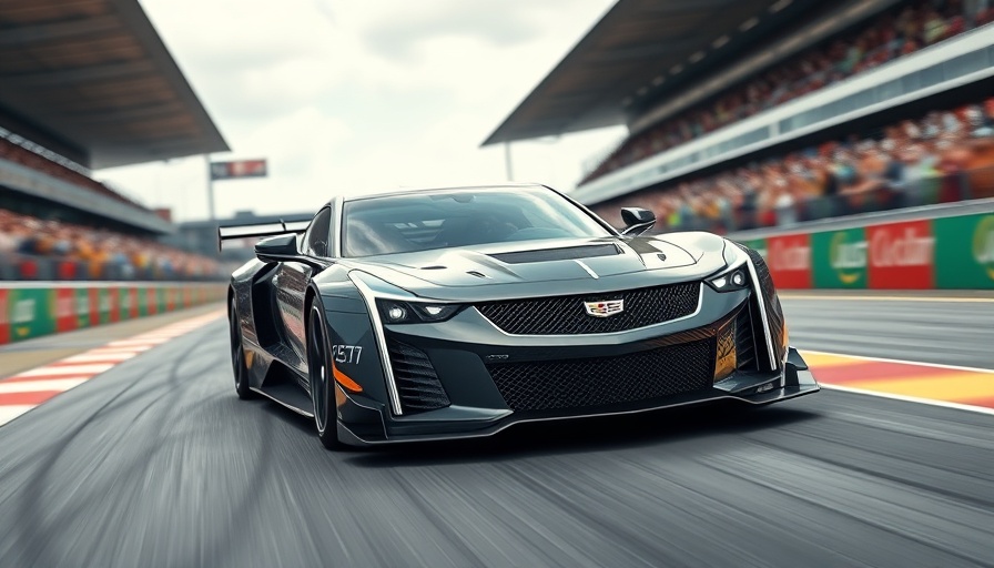 Cadillac WEC car takes pole position in Brazil under vibrant sky.