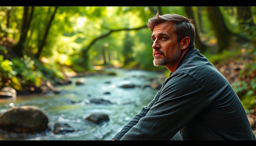 Man by a stream in a serene forest, let life flow scene.
