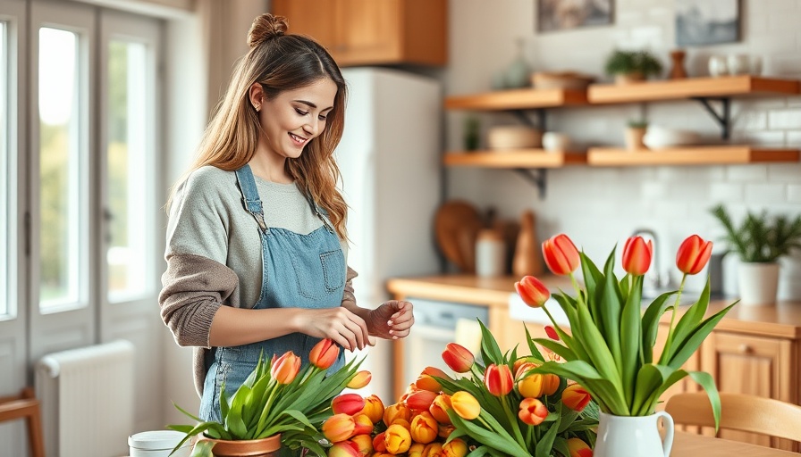 Arranging tulips in a vase in a cozy kitchen setting.