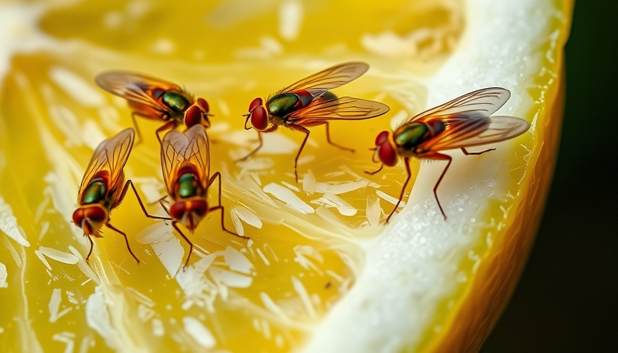 Close-up of fruit flies on a lemon slice in vibrant colors.