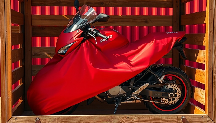 Ducati 996 SPS for sale, motorcycle in crate covered with red Ducati cover.