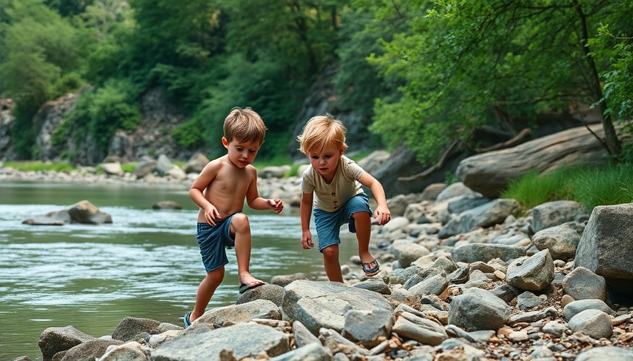 Two boys exploring a riverbank, summer activities for kids.