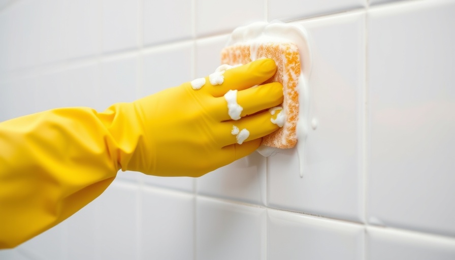 Cleaning white bathroom tiles with a sponge and gloves