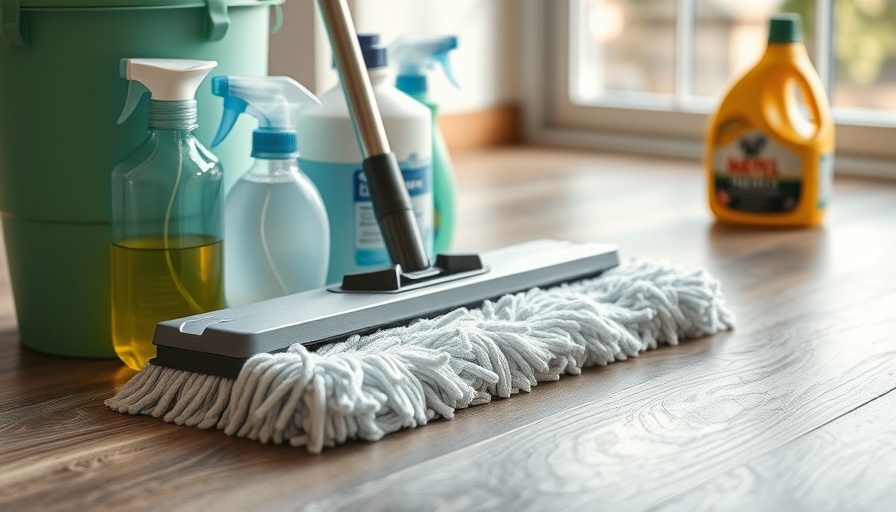 Cleaning supplies on vinyl plank flooring with mop in focus.