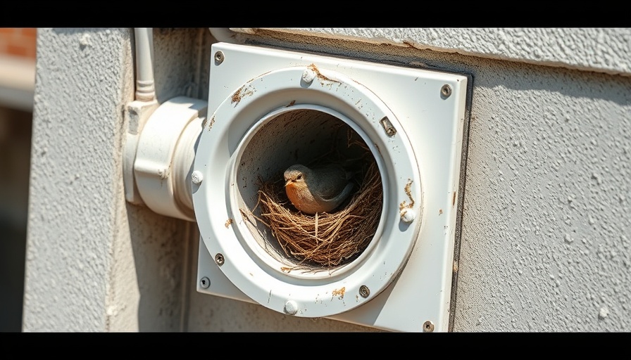 Bird nest in dryer vent on white wall, natural setting.
