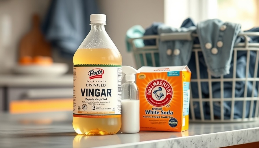 Essential cleaning products like vinegar and baking soda next to a laundry basket.