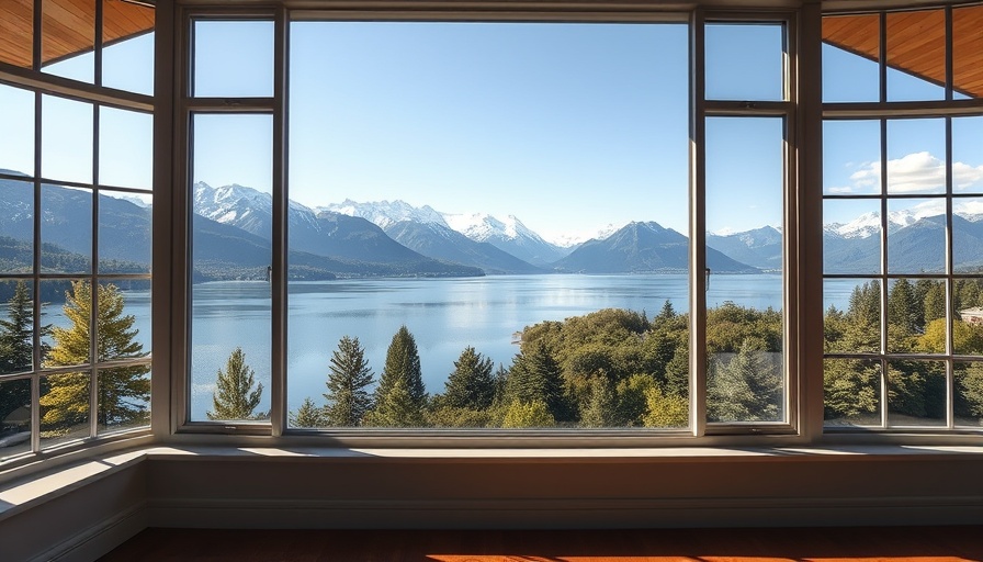 Expansive window view of lake and mountains, blending modern and classic home design.