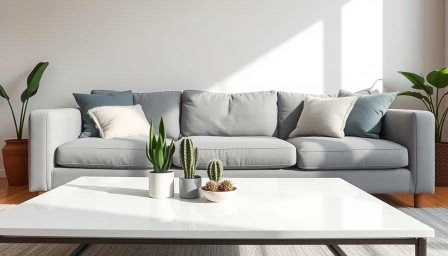 Modern decor in living room with plants and gray sofa, enhancing home ambiance.