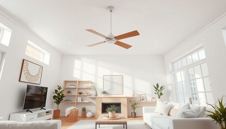 Modern living room with ceiling fan in summer rotation.