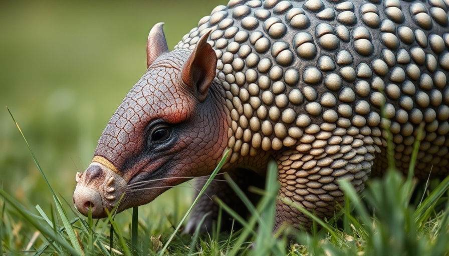 An armadillo in grass, showcasing its textured armor. Get rid of armadillos.