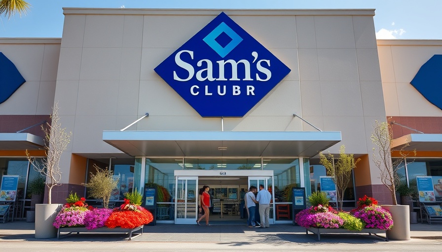 Sam's Club entrance with flowers under clear skies.
