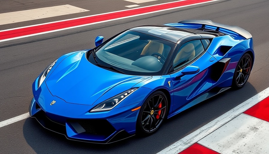 A sleek blue sports car on a colorful racetrack.