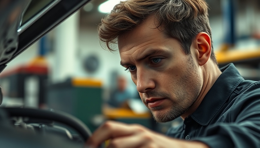 Mechanic inspecting car engine in garage workshop, automotive maintenance.