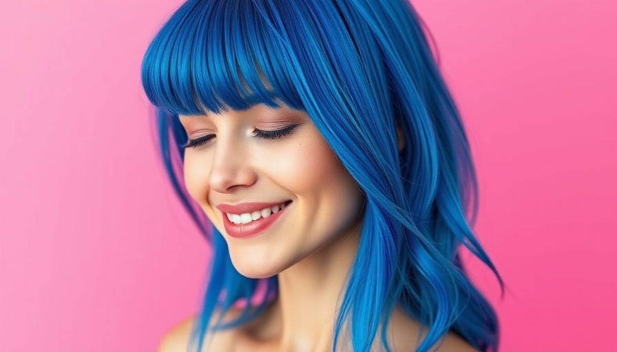 Woman with blue hair smiling softly against pink background.