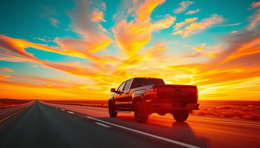 Black pickup truck on open highway at sunset during summer road trip.