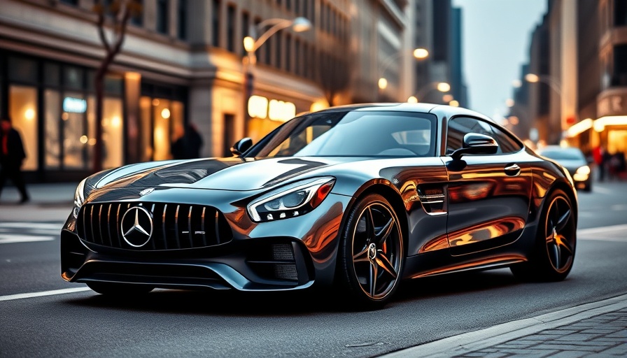 Mercedes AMG GT parked in urban setting, city lights.