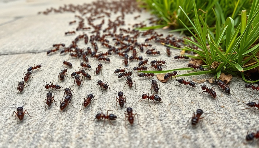Ants on concrete pathway beside grass in yard.