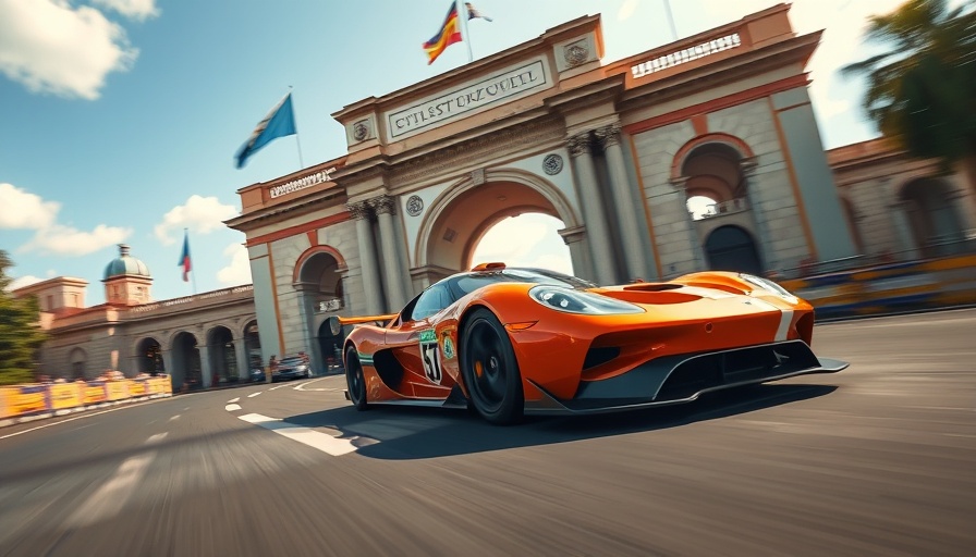 Racing car in front of iconic archway during event.