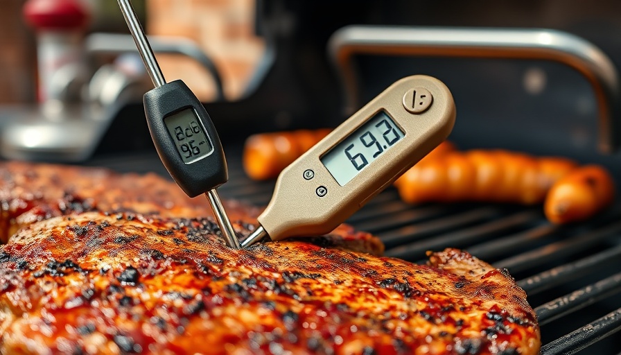 Close-up of seasoned steak with wireless grill thermometer, outdoor setting.