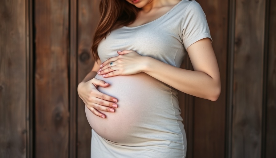 Pregnant woman standing near wooden door, relaxed and serene.