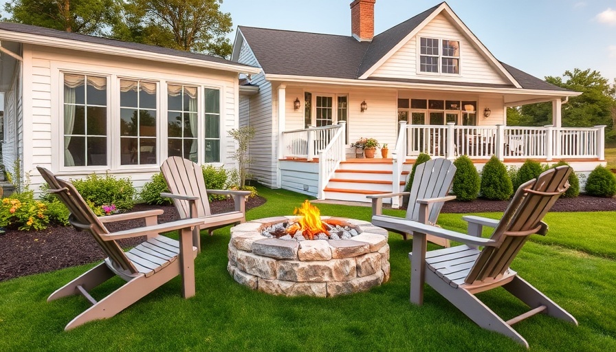 Beautiful patio with fire pit and modern house, greenery.