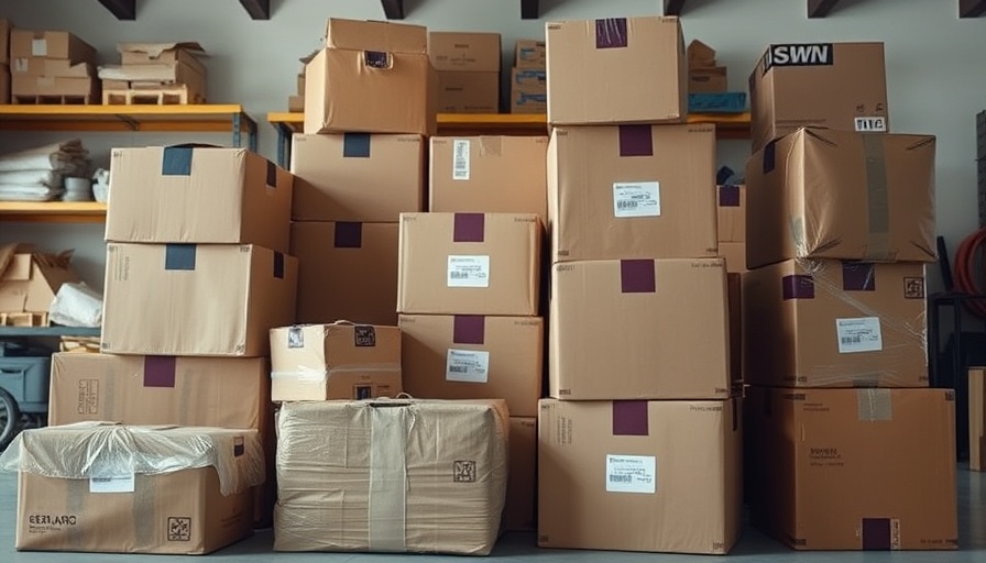 Stacked moving boxes in a garage, highlighting moving essentials.