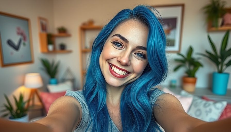 Vibrant blue-haired woman smiling in cozy room. Jewelz Blu Vegan Food Adventure.