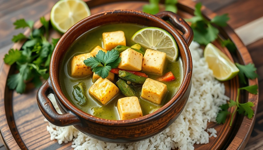 Aromatic Thai green curry with lemon balm in bowl, garnished with lime.