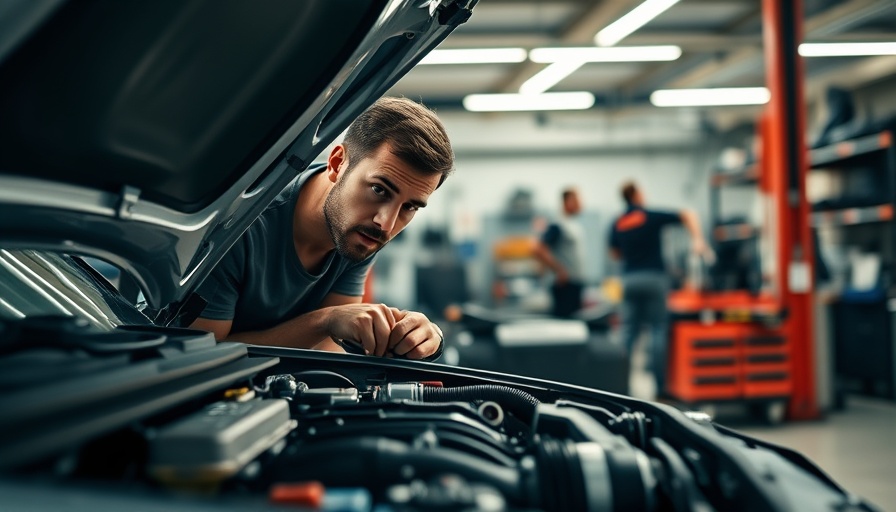 Examining car engine in repair shop amid tariffs.