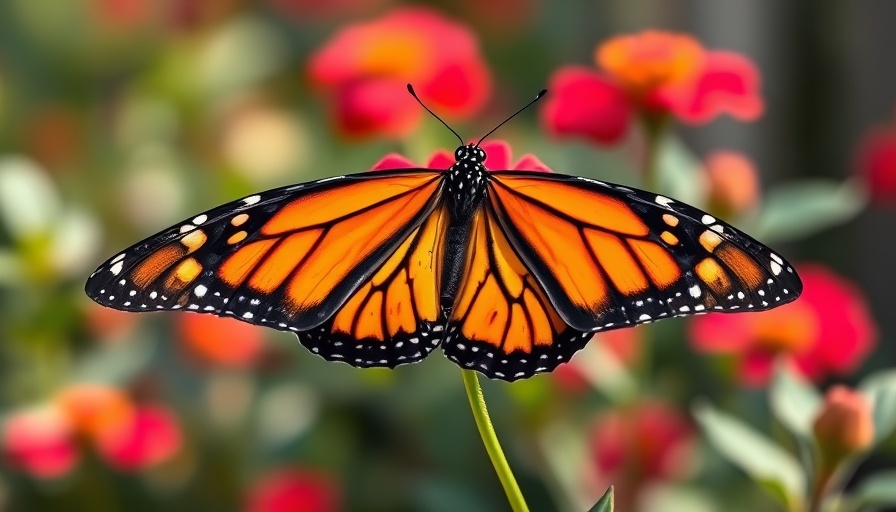 Monarch butterfly perched on a red flower in a serene garden.