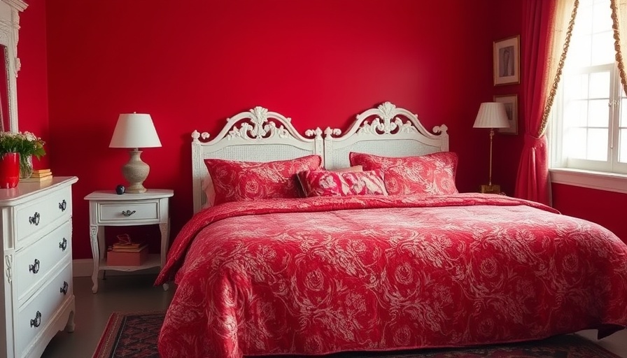 Bold red bedroom interior illustrating paint colors never use in bedroom.