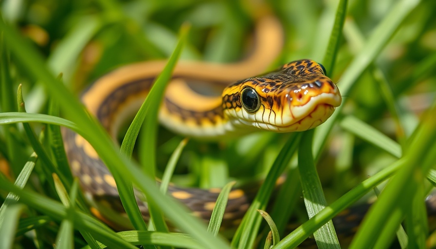 Close-up of garter snake in grass, highlighting natural habitat.