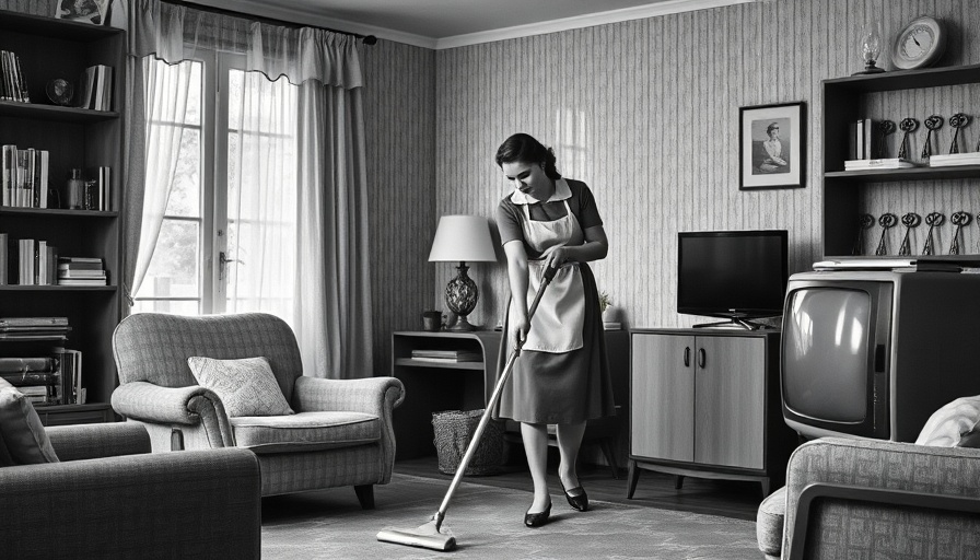 Woman engaged in daily vacuuming tradition in retro living room.