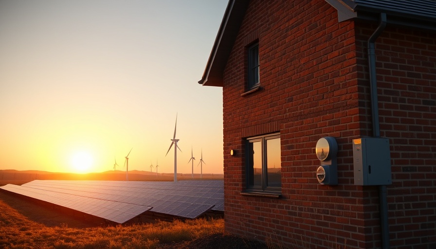 Modern brick house with solar meter near Texas solar panel field at sunset.