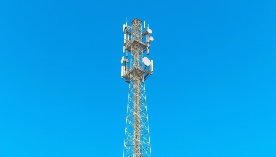Telecommunications cell tower for cellular internet service in clear sky.